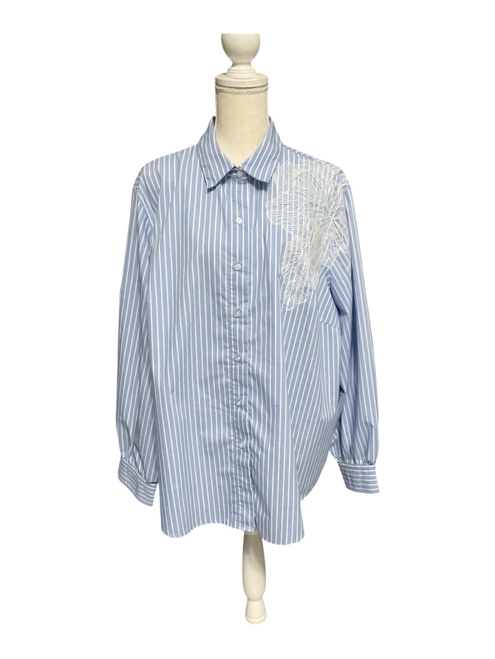 Zac & Rachel Blue White Striped Button-Down Lace Detail Long Sleeve Size 2X